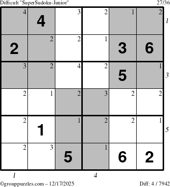 The grouppuzzles.com Difficult SuperSudoku-Junior puzzle for Wednesday December 17, 2025 with all 4 steps marked