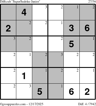 The grouppuzzles.com Difficult SuperSudoku-Junior puzzle for Wednesday December 17, 2025 with the first 3 steps marked