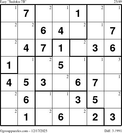 The grouppuzzles.com Easy Sudoku-7B puzzle for Wednesday December 17, 2025 with the first 3 steps marked