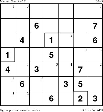 The grouppuzzles.com Medium Sudoku-7B puzzle for Wednesday December 17, 2025 with the first 3 steps marked