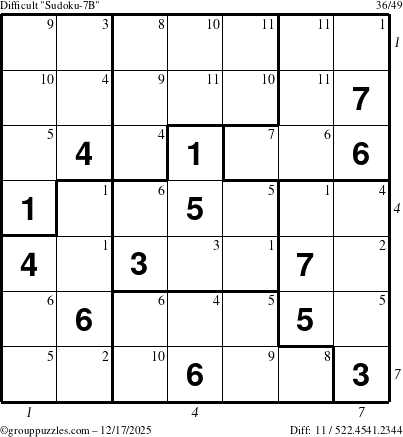 The grouppuzzles.com Difficult Sudoku-7B puzzle for Wednesday December 17, 2025 with all 11 steps marked