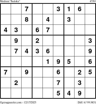 The grouppuzzles.com Medium Sudoku puzzle for Wednesday December 17, 2025
