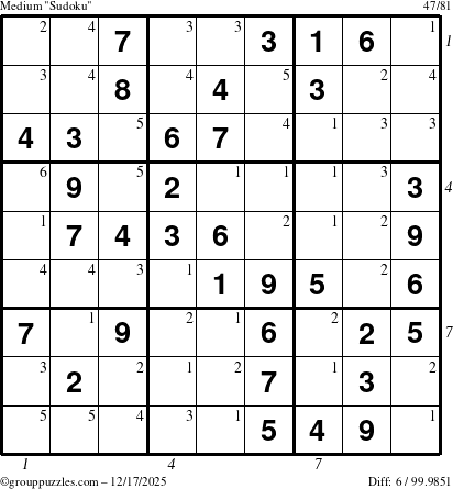 The grouppuzzles.com Medium Sudoku puzzle for Wednesday December 17, 2025 with all 6 steps marked