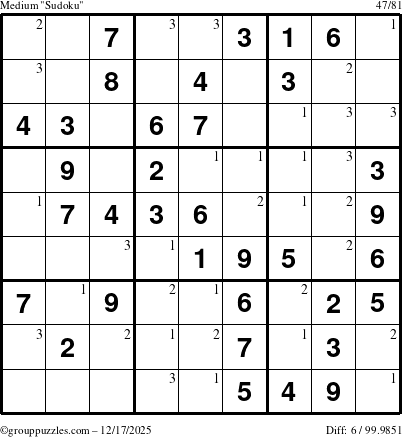 The grouppuzzles.com Medium Sudoku puzzle for Wednesday December 17, 2025 with the first 3 steps marked