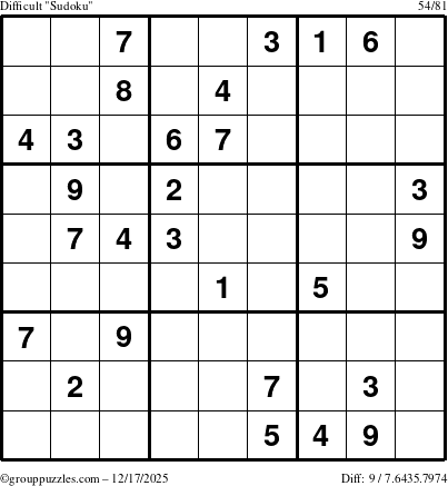 The grouppuzzles.com Difficult Sudoku puzzle for Wednesday December 17, 2025