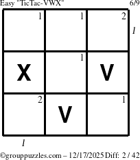 The grouppuzzles.com Easy TicTac-VWX puzzle for Wednesday December 17, 2025 with all 2 steps marked
