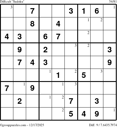 The grouppuzzles.com Difficult Sudoku puzzle for Wednesday December 17, 2025 with the first 3 steps marked