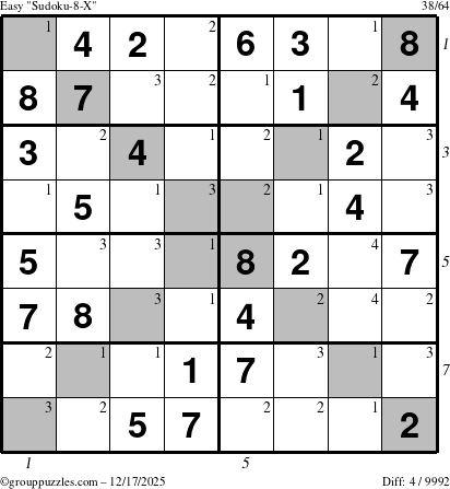 The grouppuzzles.com Easy Sudoku-8-X puzzle for Wednesday December 17, 2025 with all 4 steps marked