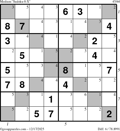 The grouppuzzles.com Medium Sudoku-8-X puzzle for Wednesday December 17, 2025, suitable for printing, with all 6 steps marked