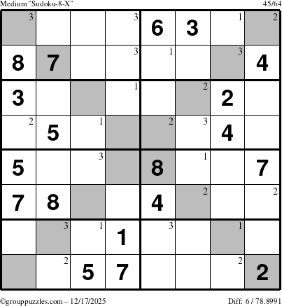 The grouppuzzles.com Medium Sudoku-8-X puzzle for Wednesday December 17, 2025 with the first 3 steps marked