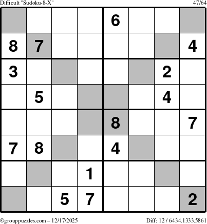 The grouppuzzles.com Difficult Sudoku-8-X puzzle for Wednesday December 17, 2025