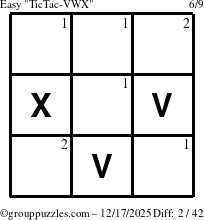 The grouppuzzles.com Easy TicTac-VWX puzzle for Wednesday December 17, 2025 with the first 2 steps marked