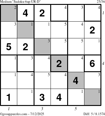 The grouppuzzles.com Medium Sudoku-6up-UR-D puzzle for Saturday July 12, 2025 with all 5 steps marked