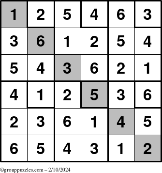 The grouppuzzles.com Answer grid for the Sudoku-6up-UR-D puzzle for Saturday February 10, 2024