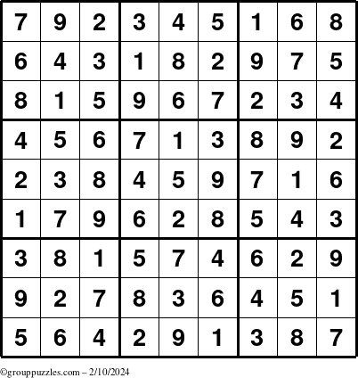 The grouppuzzles.com Answer grid for the Sudoku puzzle for Saturday February 10, 2024