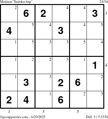 The grouppuzzles.com Medium Sudoku-6up puzzle for Friday June 20, 2025, suitable for printing, with all 5 steps marked