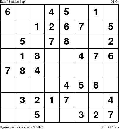 The grouppuzzles.com Easy Sudoku-8up puzzle for Friday June 20, 2025