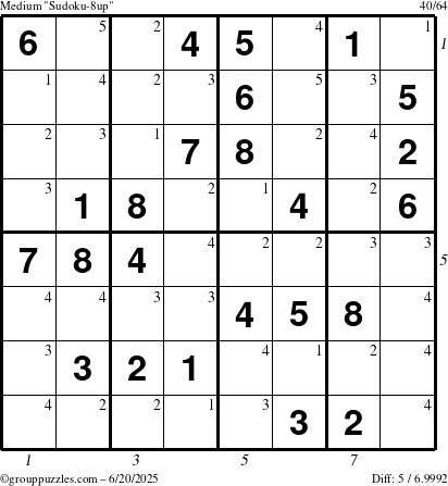 The grouppuzzles.com Medium Sudoku-8up puzzle for Friday June 20, 2025, suitable for printing, with all 5 steps marked