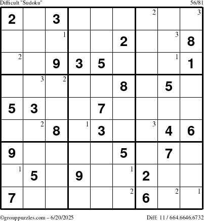 The grouppuzzles.com Difficult Sudoku puzzle for Friday June 20, 2025 with the first 3 steps marked