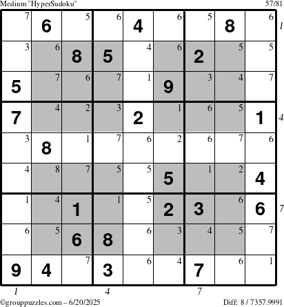The grouppuzzles.com Medium HyperSudoku puzzle for Friday June 20, 2025 with all 8 steps marked