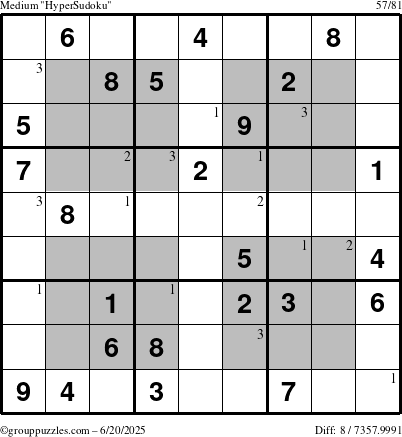 The grouppuzzles.com Medium HyperSudoku puzzle for Friday June 20, 2025 with the first 3 steps marked
