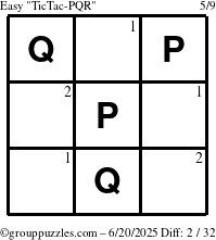 The grouppuzzles.com Easy TicTac-PQR puzzle for Friday June 20, 2025 with the first 2 steps marked