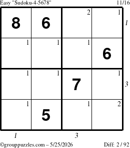 The grouppuzzles.com Easy Sudoku-4-5678 puzzle for Monday May 25, 2026, suitable for printing, with all 2 steps marked