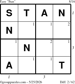 The grouppuzzles.com Easy Stan puzzle for Monday May 25, 2026 with all 2 steps marked