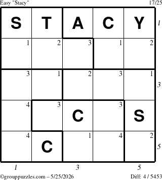 The grouppuzzles.com Easy Stacy puzzle for Monday May 25, 2026, suitable for printing, with all 4 steps marked