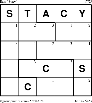 The grouppuzzles.com Easy Stacy puzzle for Monday May 25, 2026 with the first 3 steps marked