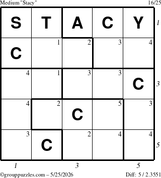 The grouppuzzles.com Medium Stacy puzzle for Monday May 25, 2026 with all 5 steps marked