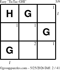 The grouppuzzles.com Easy TicTac-GHI puzzle for Monday May 25, 2026, suitable for printing, with all 2 steps marked