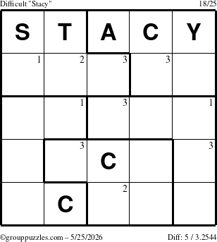 The grouppuzzles.com Difficult Stacy puzzle for Monday May 25, 2026 with the first 3 steps marked