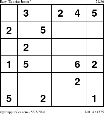 The grouppuzzles.com Easy Sudoku-Junior puzzle for Monday May 25, 2026