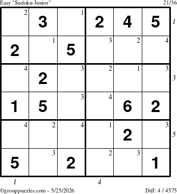 The grouppuzzles.com Easy Sudoku-Junior puzzle for Monday May 25, 2026 with all 4 steps marked