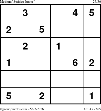 The grouppuzzles.com Medium Sudoku-Junior puzzle for Monday May 25, 2026