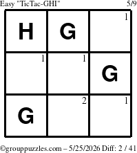 The grouppuzzles.com Easy TicTac-GHI puzzle for Monday May 25, 2026 with the first 2 steps marked