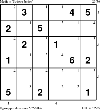 The grouppuzzles.com Medium Sudoku-Junior puzzle for Monday May 25, 2026, suitable for printing, with all 4 steps marked