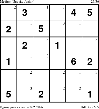 The grouppuzzles.com Medium Sudoku-Junior puzzle for Monday May 25, 2026 with the first 3 steps marked