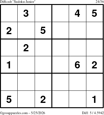 The grouppuzzles.com Difficult Sudoku-Junior puzzle for Monday May 25, 2026