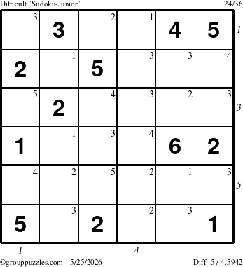 The grouppuzzles.com Difficult Sudoku-Junior puzzle for Monday May 25, 2026 with all 5 steps marked