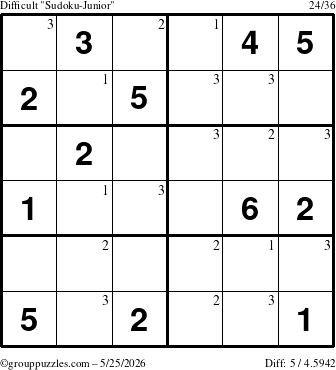 The grouppuzzles.com Difficult Sudoku-Junior puzzle for Monday May 25, 2026 with the first 3 steps marked