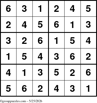The grouppuzzles.com Answer grid for the Sudoku-Junior puzzle for Monday May 25, 2026