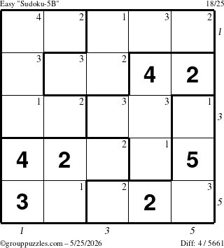 The grouppuzzles.com Easy Sudoku-5B puzzle for Monday May 25, 2026, suitable for printing, with all 4 steps marked