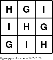 The grouppuzzles.com Answer grid for the TicTac-GHI puzzle for Monday May 25, 2026