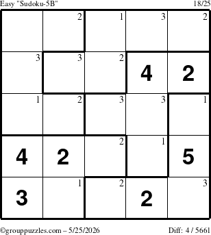 The grouppuzzles.com Easy Sudoku-5B puzzle for Monday May 25, 2026 with the first 3 steps marked