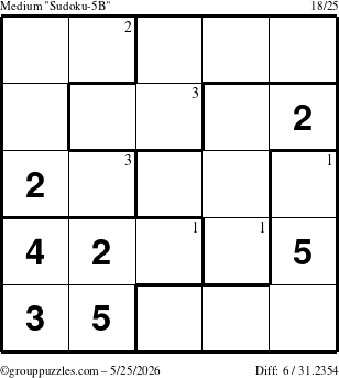 The grouppuzzles.com Medium Sudoku-5B puzzle for Monday May 25, 2026 with the first 3 steps marked