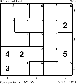The grouppuzzles.com Difficult Sudoku-5B puzzle for Monday May 25, 2026 with all 6 steps marked