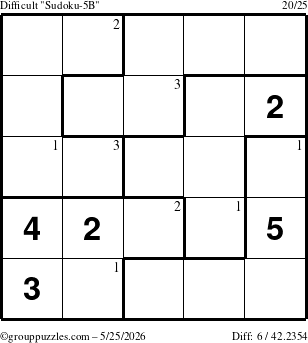 The grouppuzzles.com Difficult Sudoku-5B puzzle for Monday May 25, 2026 with the first 3 steps marked
