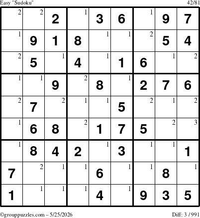 The grouppuzzles.com Easy Sudoku puzzle for Monday May 25, 2026 with the first 3 steps marked
